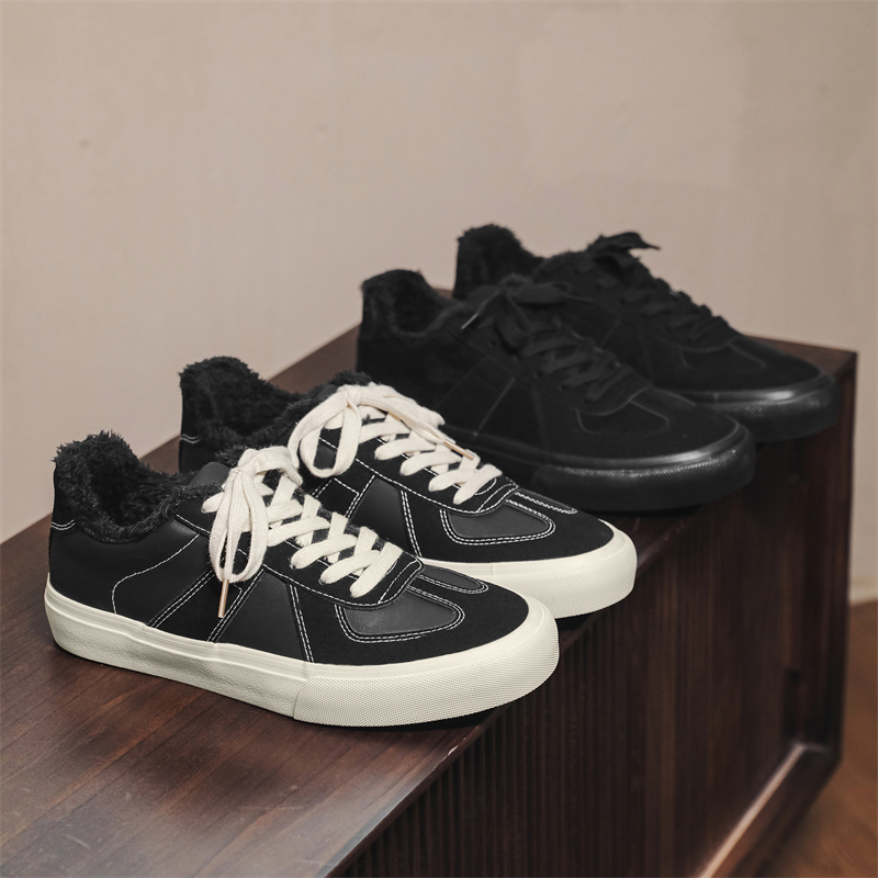 加绒男鞋小黑鞋2024新款黑色板鞋男款潮流休闲保暖加厚东北二棉鞋