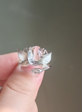 纯银银戒指镶嵌天然水晶带黑云母片默认微瑕完美主义慎拍一物一拍