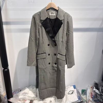 鸢系列春秋款修身中长款长袖千鸟格经典风衣外套8853