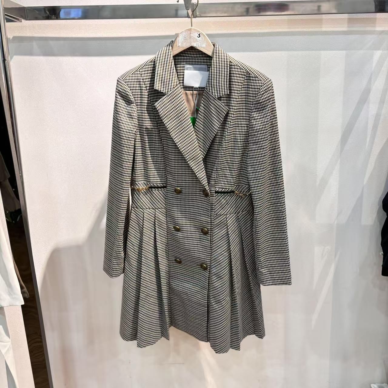 秋冬款百搭气质设计感西装领长袖复古格纹连衣裙5223