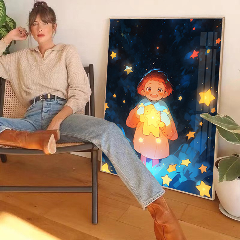 抱星星的女孩钻石画2023新款满钻带框卧室手工十字绣点砖石贴钻画