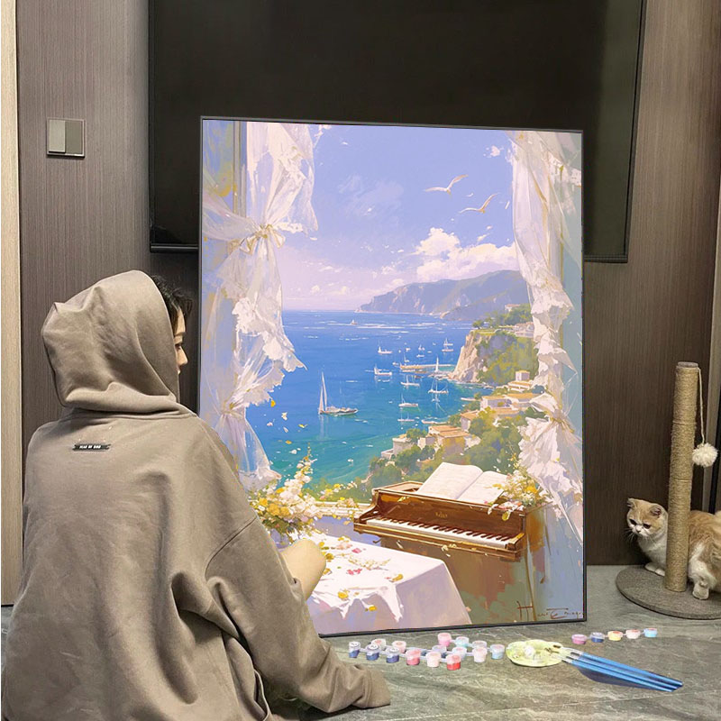 琴海听风竖版小画数字油画diy填充手工画风景学生涂色解压油彩画
