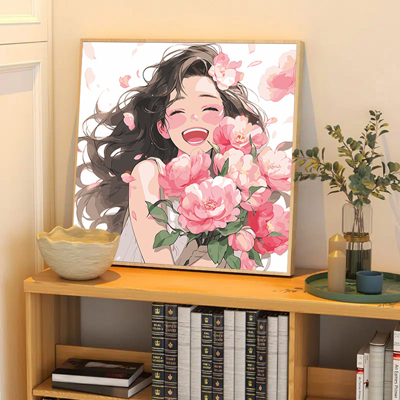 捧花少女数字油画diy油彩画手工花卉治愈系丙烯画卧室摆件装饰画图片