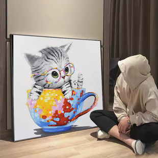 可爱茶杯猫咪钻石画2025新款卧室客厅装饰画简约艺术手工十字绣5d