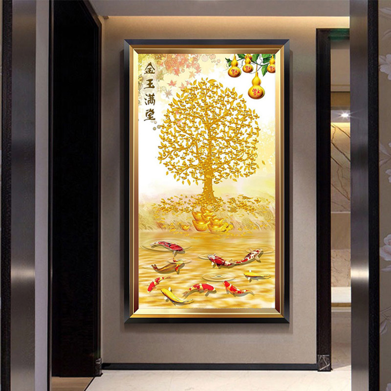 玄关钻石画竖版满钻新款5d发财树全点贴砖石十字绣九鱼图客厅2025
