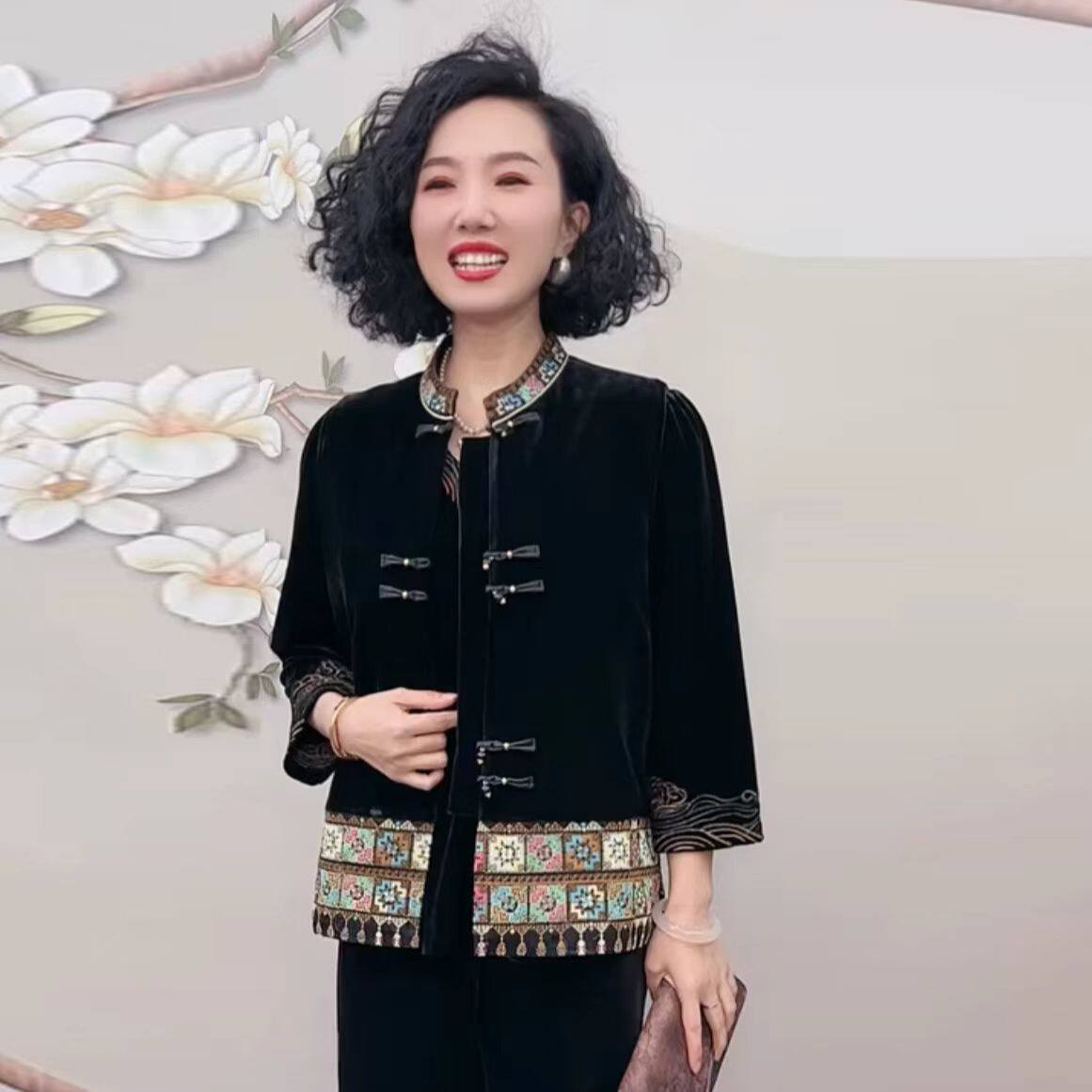 中式妈妈装冬季新款加棉马甲女金丝绒国风马夹外套中老年上衣保暖