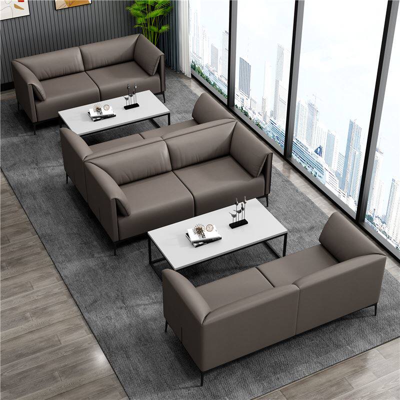 办公接待沙发茶几皮艺简约现代大厅堂等候休息区单双三人沙发灰色