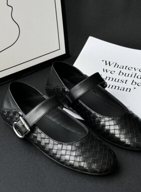 小众法式真皮纯手工编织平底一字扣带浅口玛丽珍单鞋女