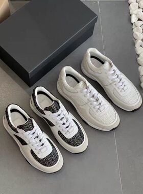 2025早春新款小香风奶白粗花呢拼接系带厚底运动休闲鞋百搭增高