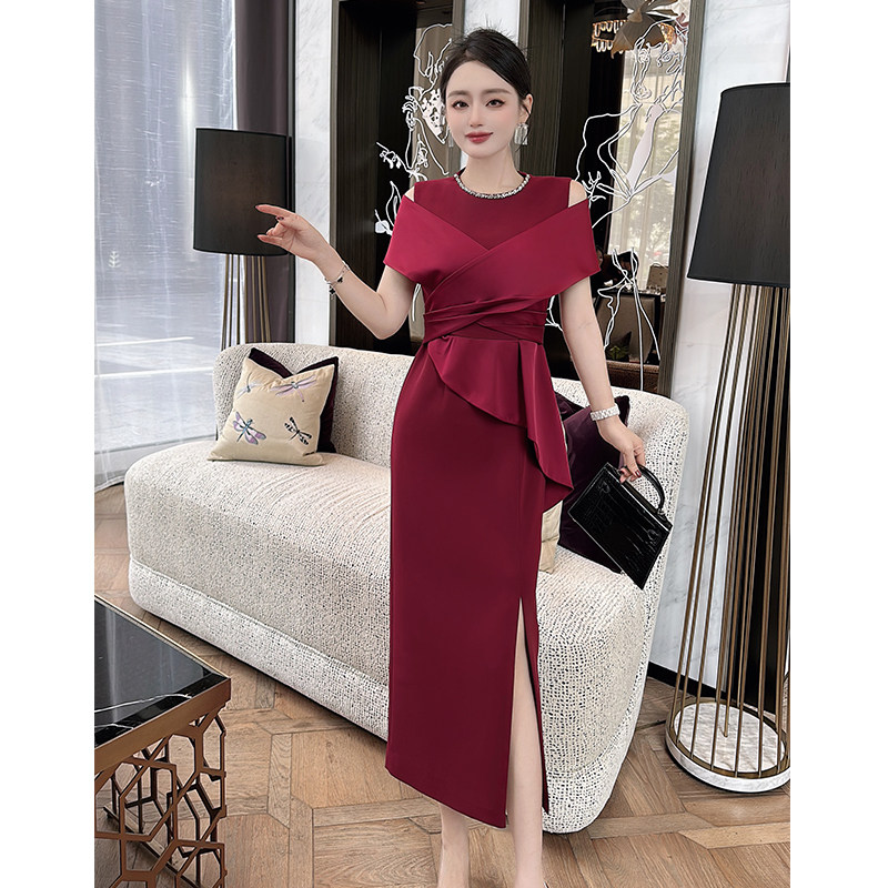 婚礼宴会女订钻优雅修身酒红色礼服裙喜婆婆喜妈妈大码连衣裙夏装