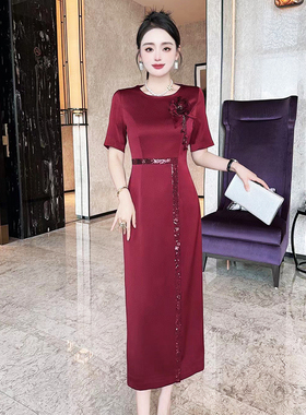 播美优雅气质高级结婚喜婆婆紫色酒红礼服裙亮片闪闪设计感连衣裙