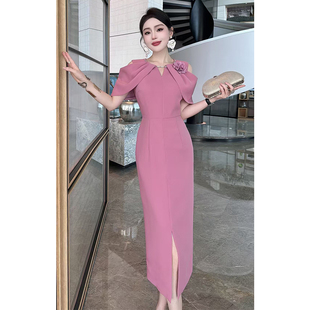 優(yōu)雅女裝 輕禮服連衣裙露肩晚禮裙裙小個子裙 修身 訂珠輕奢減齡時尚