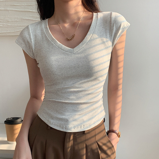 显瘦锁骨小个子上衣 纯棉基础款 正肩V领短袖 t恤女夏季 高级感修身