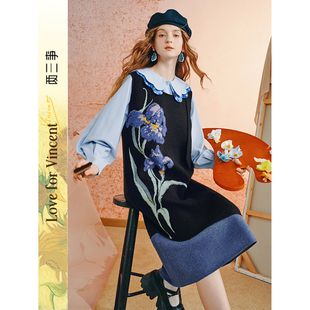 两三事梵高文艺漫溯花音拼色背心裙针织连衣裙
