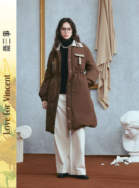 两三事梵高文艺落日归航印花口袋抽绳收腰羽绒服