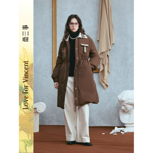 两三事梵高文艺落日归航印花口袋抽绳收腰羽绒服