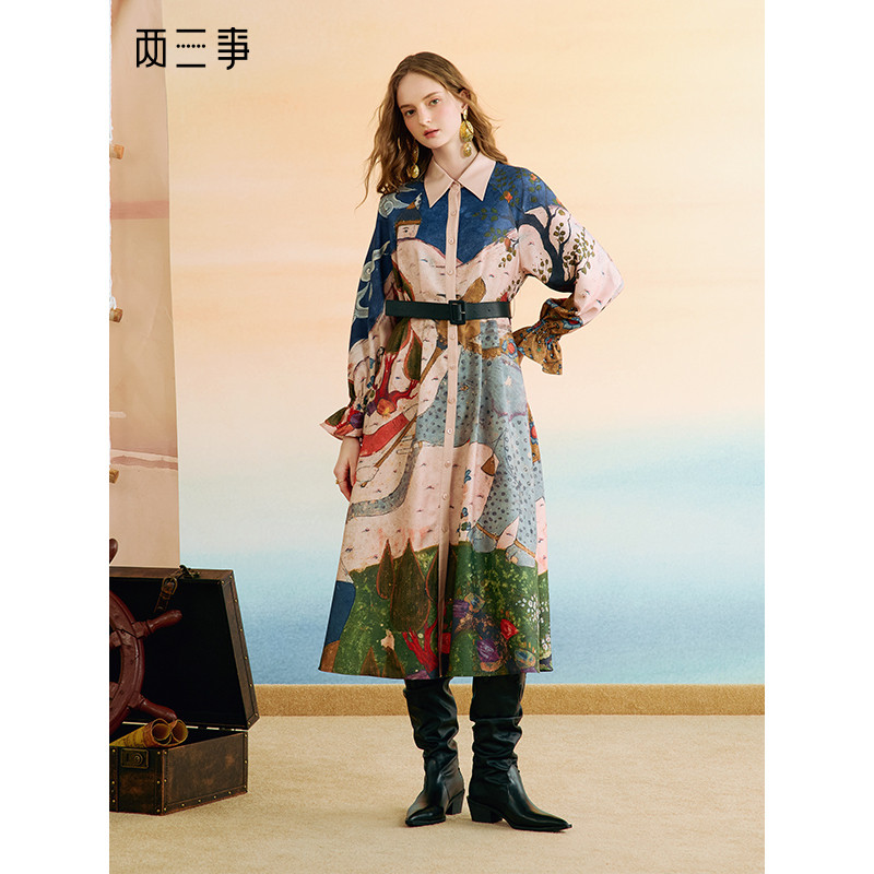 两三事 优雅着陆 时尚印花系带风衣式连衣裙长裙,女装/女士精品,连衣裙,淘宝优惠券,粉丝福利购,淘宝优惠卷