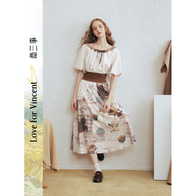 【呼呼严选专享】两三事梵高风铃雏菊印花拼接收腰泡泡袖连衣裙