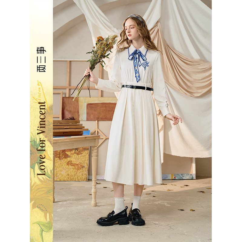 两三事梵高文艺月台间隔可拆印花领带a字连衣裙长裙,女装/女士精品,连衣裙,淘宝优惠券,粉丝福利购,淘宝优惠卷