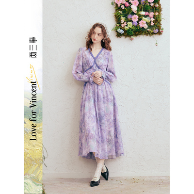 两三事梵高文艺芙洛拉之诗花边印花雪纺连衣裙