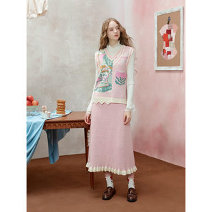 两三事迷迭花园油画提花针织背心半裙两件套装