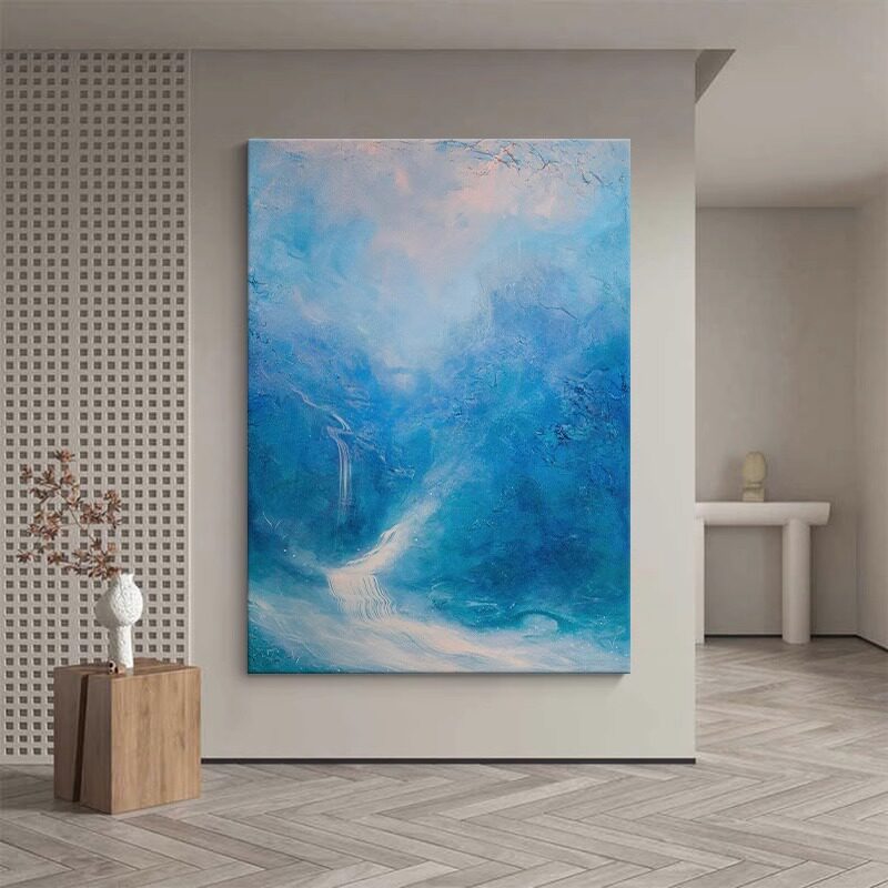 流水生财简约现代客厅装饰画 画蓝色山水抽象派风景书房卧室床头