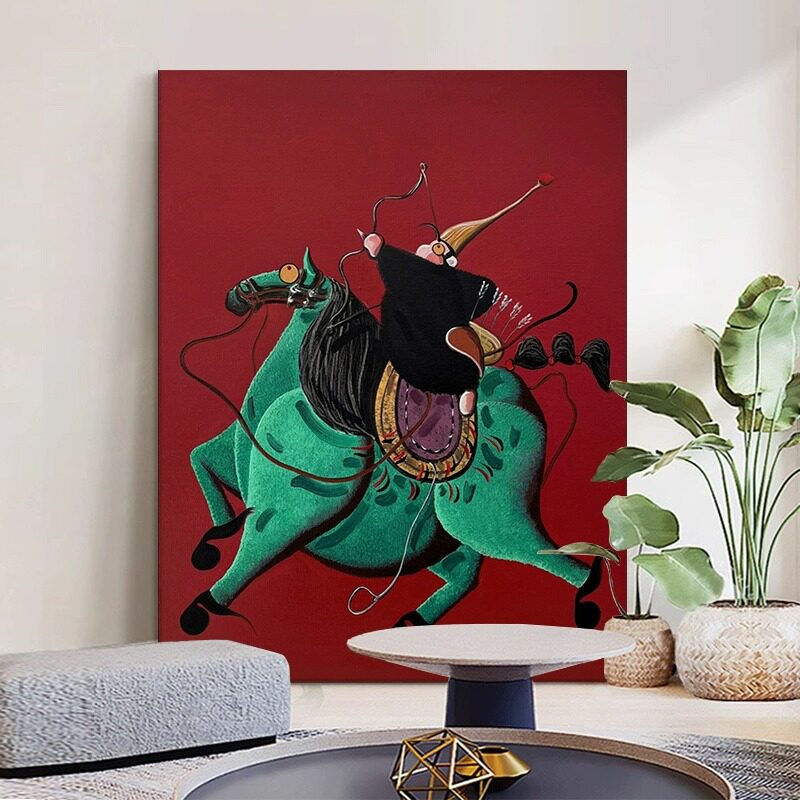 小众艺术装饰画高端猴子射箭客厅创意红色挂画沙发马上封侯挂画