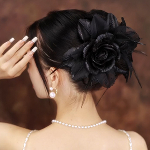 设计感轻奢港风发夹女发饰 高级感黑色花朵复古羽毛抓夹2023年新款