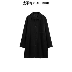羊毛呢大衣男中长款 太平鸟男装 黑色呢外套B1AAE4208 商场同款