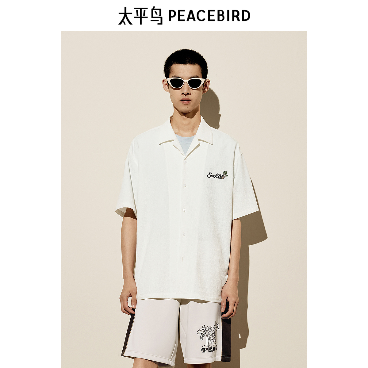 太平鸟男装衬衫新款泡泡纱肌理刺绣潮 B2CJE2613