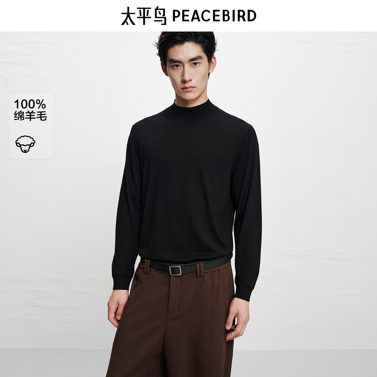 【商场同款】太平鸟男装 100%羊毛半高领黑色打底针织衫B1EBF4B22