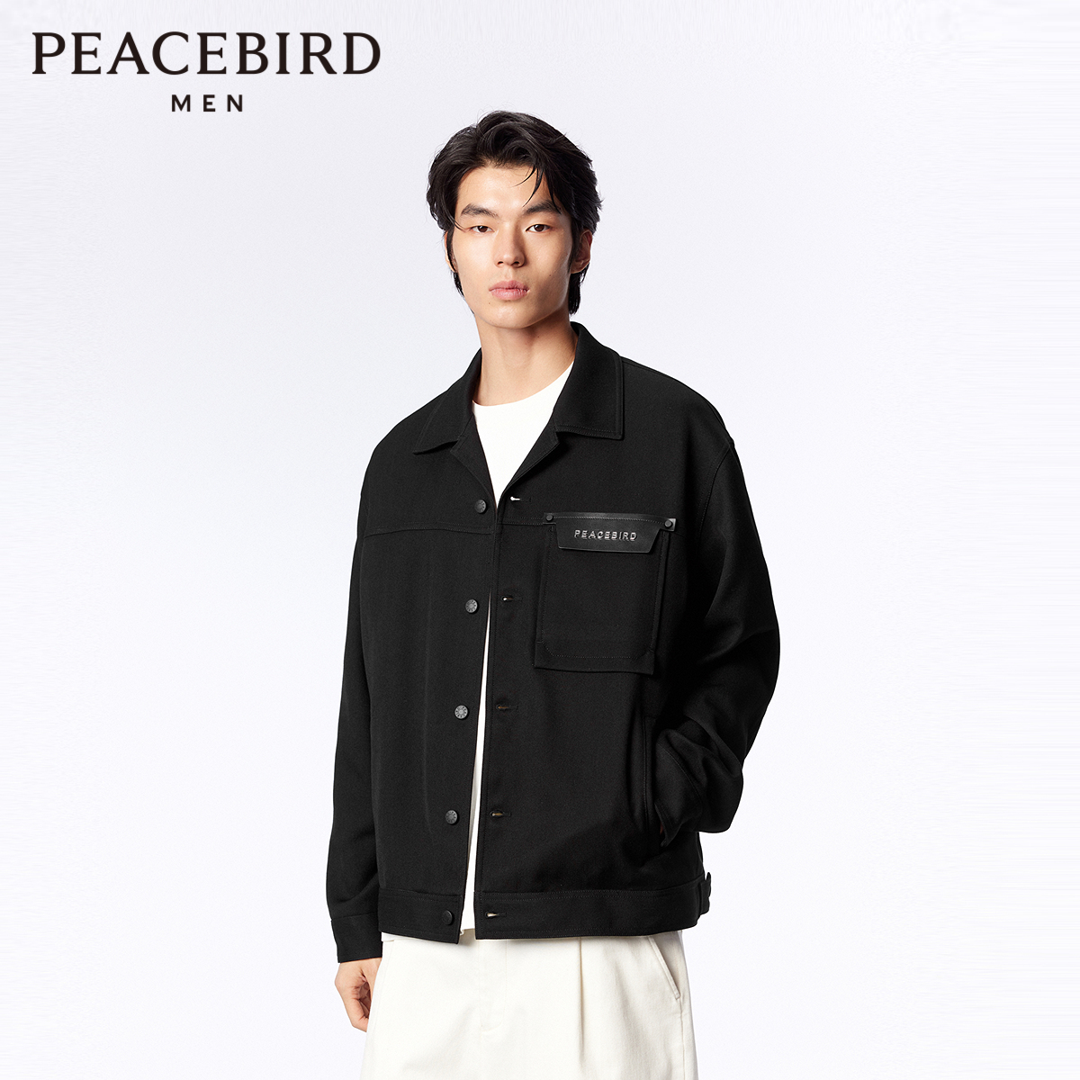 太平鸟男装皮质拼接夹克宽松休闲外套B1BCE1209