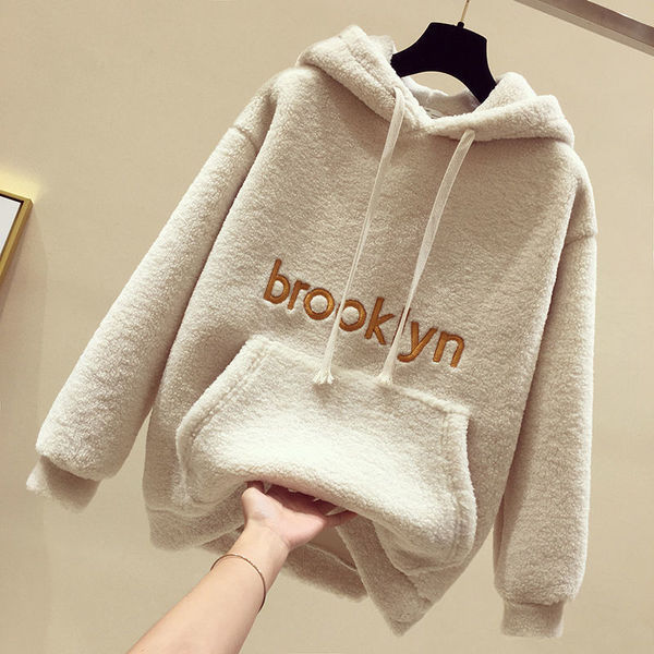 纯色仿羊羔绒卫衣女加绒加厚ins秋冬装韩版学生宽松连帽上衣保暖