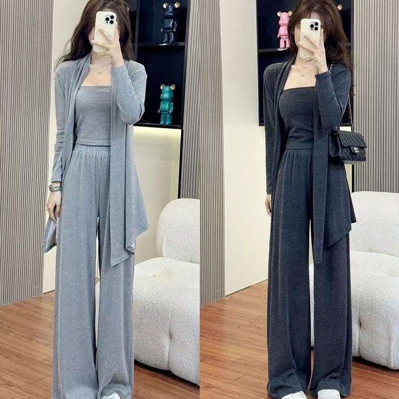 入秋穿搭一整套新款女装减龄开衫抹胸阔腿裤三件套慵懒风休闲