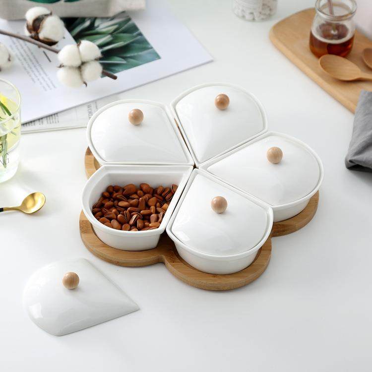 创意陶瓷糖果干果零食盘分格水果盘客厅家用拼盘个性分隔带盖防尘