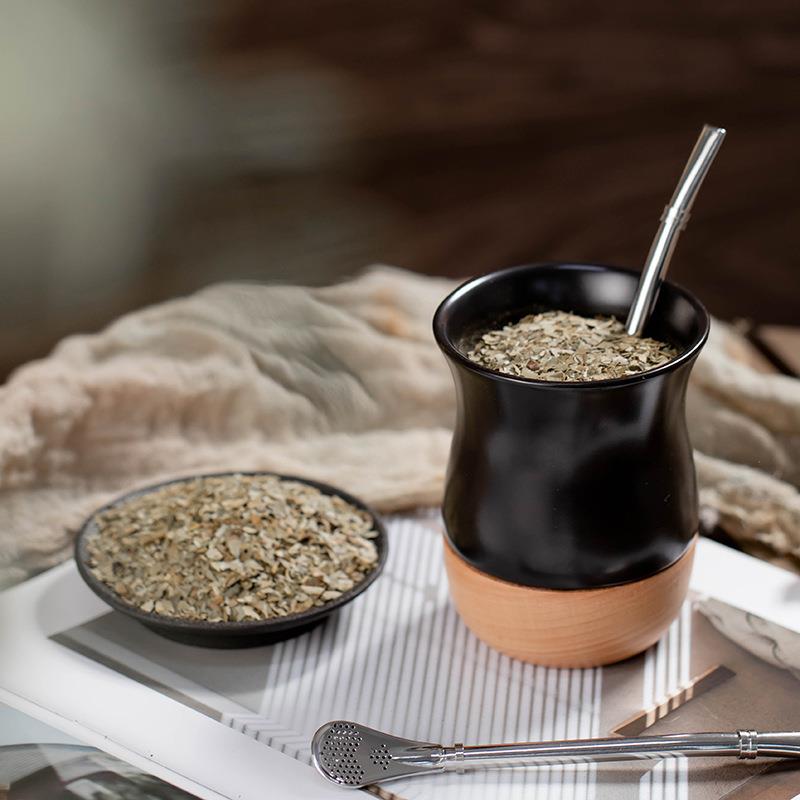 陶瓷马黛茶杯子木头底座家用厨房不锈钢吸管勺个人杯