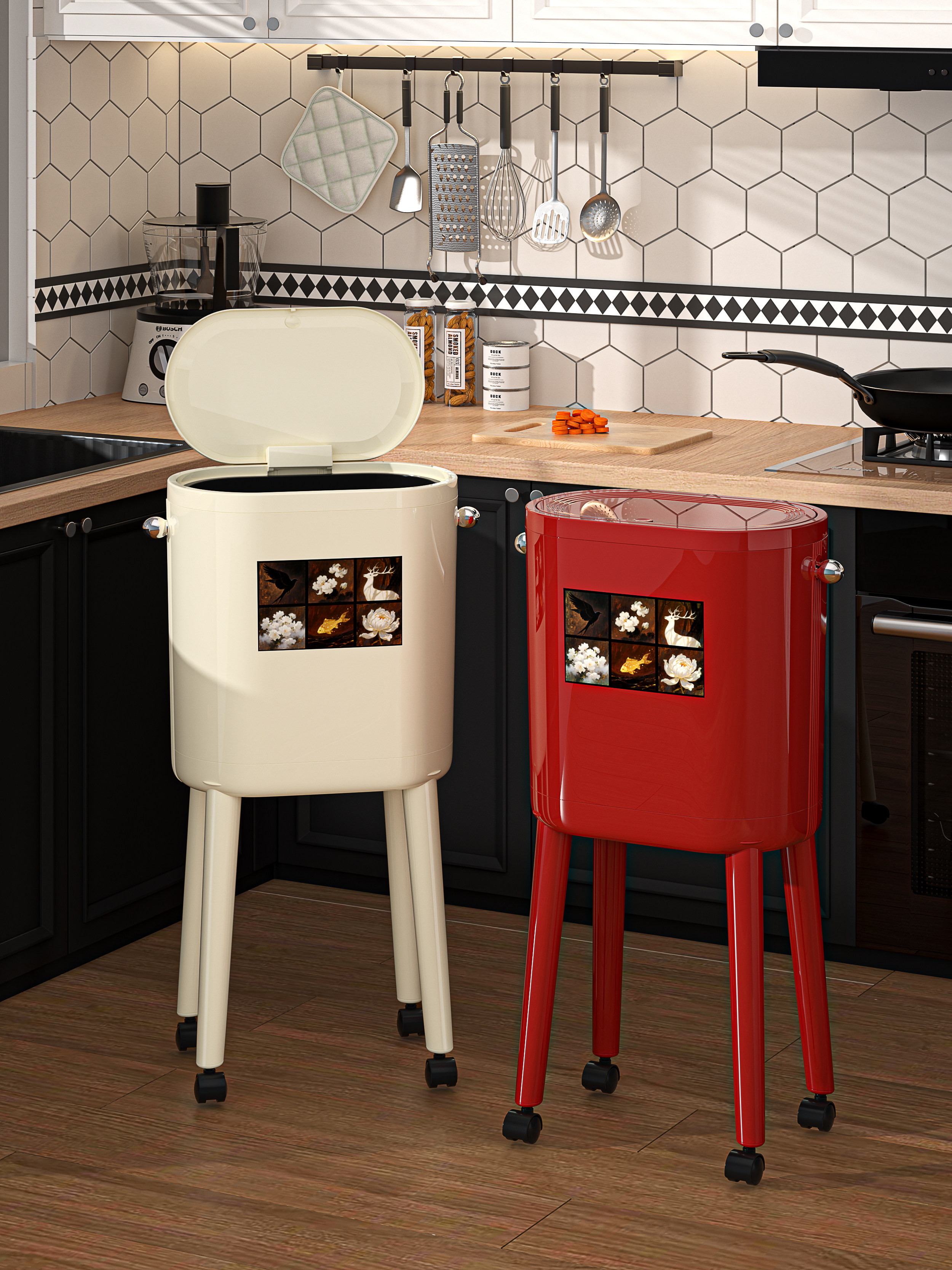 厨房垃圾桶家用专用2025新款免弯腰高脚高颜值带盖大容量移动纸篓