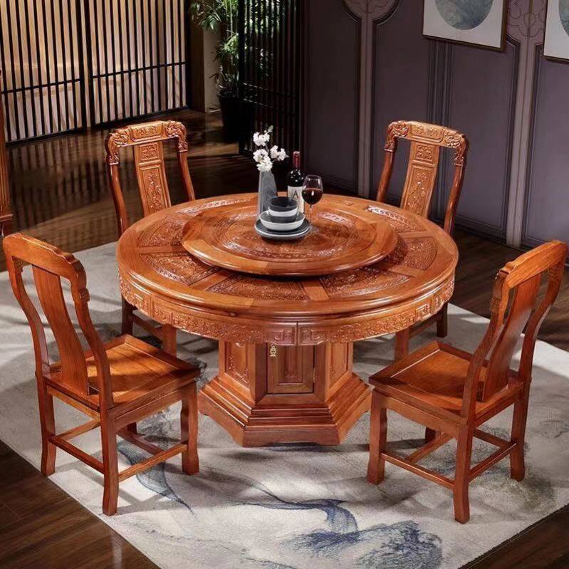 全实木红木餐桌椅组合花梨木大圆桌中式家用饭桌子圆形雕花餐桌