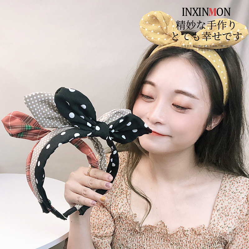 发箍波点韩式兔耳朵黑色蝴蝶结