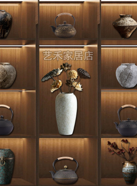 新中式酒店茶室酒柜博古架摆件复古陶瓷花瓶铁壶家居装饰品工艺品