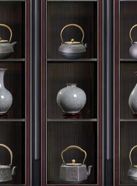 酒店茶室办公室新中式复古摆件博古架茶柜茶壶铁壶陶瓷花瓶装饰