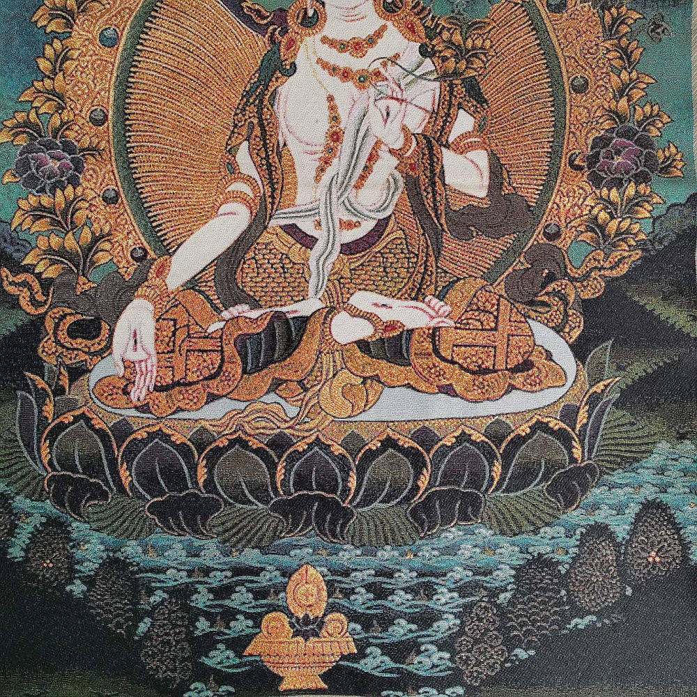 唐卡金丝刺绣黑金白度母布面画像西藏密宗供织锦菩萨90*60