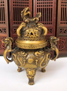 精工仿古黄铜器古玩收藏 香炉系列双耳天狗炉香薰炉摆件 家居摆设