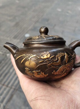 古玩铜器收藏纯铜点金荷花鸳鸯戏水酒壶茶壶包浆老道家居茶道摆件