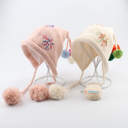 韩版儿童烟花毛球针织帽女宝宝秋冬保暖护耳包头撞色毛球毛线帽子