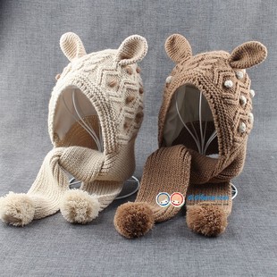 秋冬护耳双层保暖防风男女宝宝围巾帽子一体 卡通耳朵儿童帽1-7岁