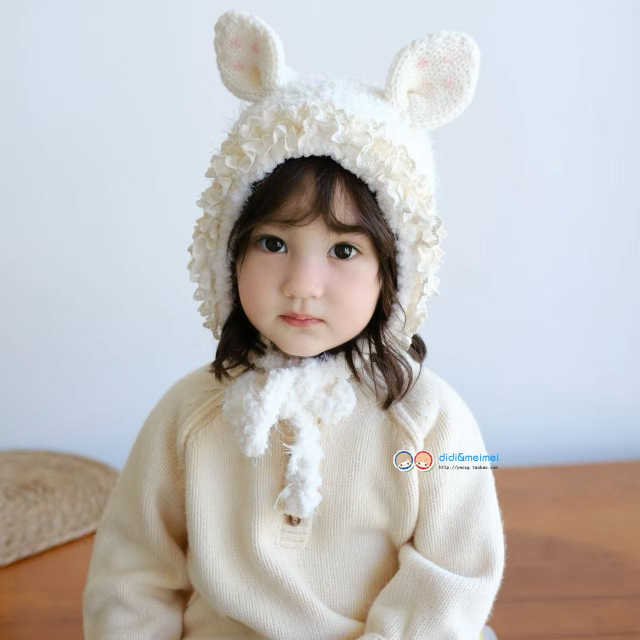可爱兔耳女儿童护耳包头帽子 蕾丝花边公主宝宝秋冬季保暖针织帽