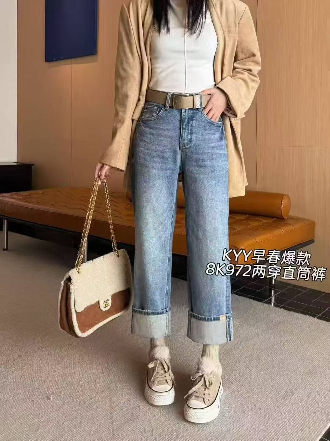 Kyy972早春新款单层两穿直筒裤显瘦弹力翻边牛仔裤女九分法棍裤