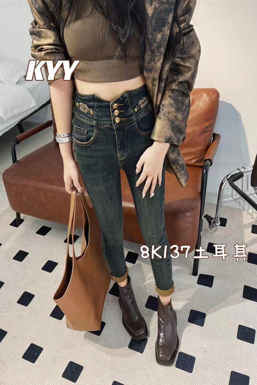 8k137Kyy秋季小个子牛仔裤女2023年高腰重工紧身九分弹力小脚裤