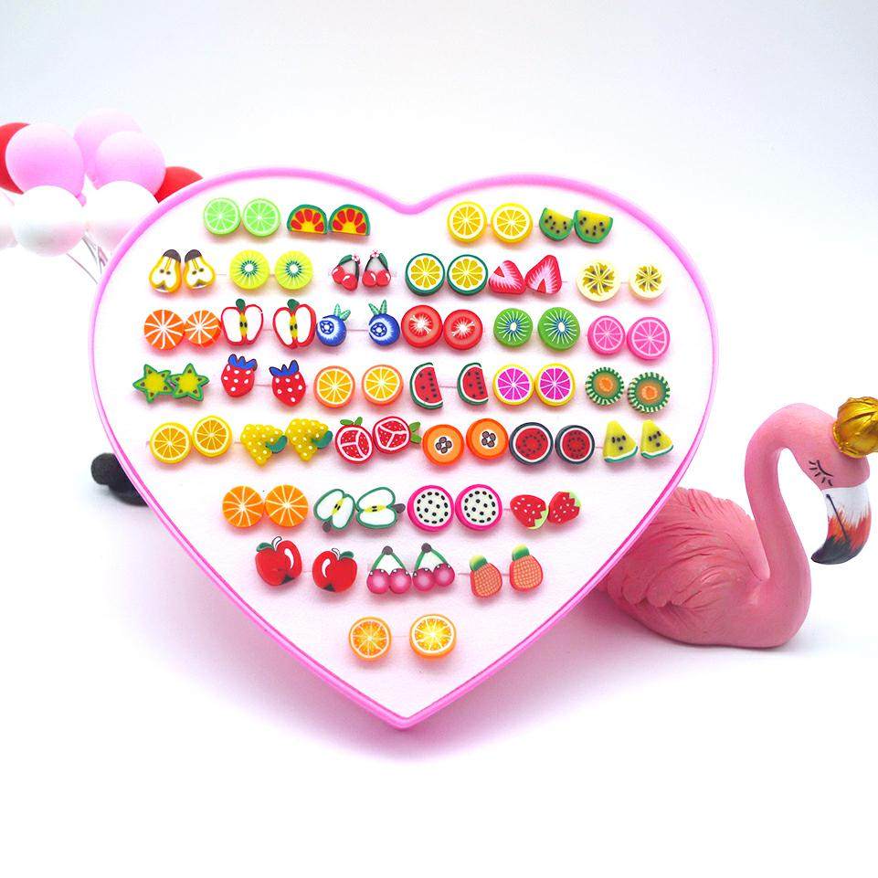 一盒36对韩版塑料耳钉女学生软陶卡通水果儿童耳环耳棒耳饰